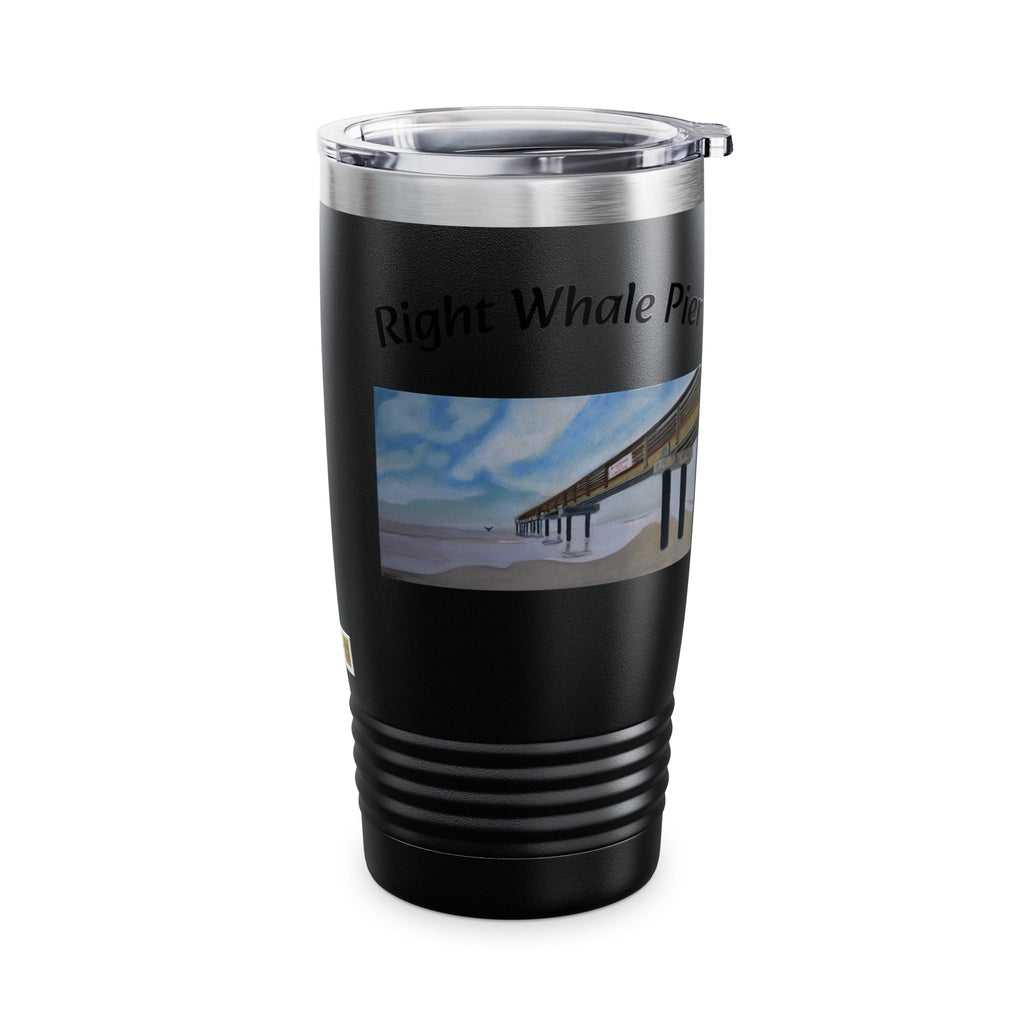Right Whale Pier 20oz ringneck travel tumbler with coastal beach artwork