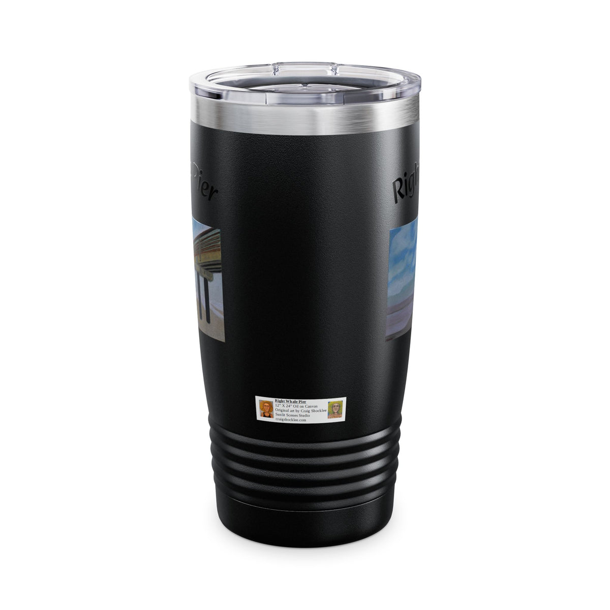 Right Whale Pier 20oz ringneck travel tumbler with coastal beach artwork