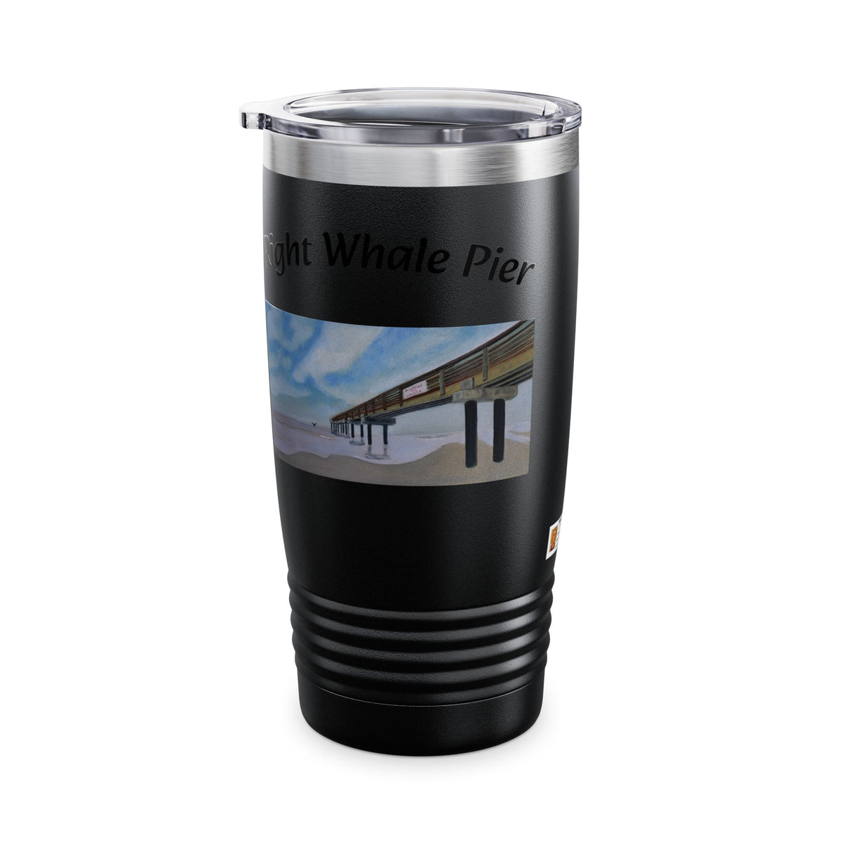 Right Whale Pier 20oz ringneck travel tumbler with coastal beach artwork