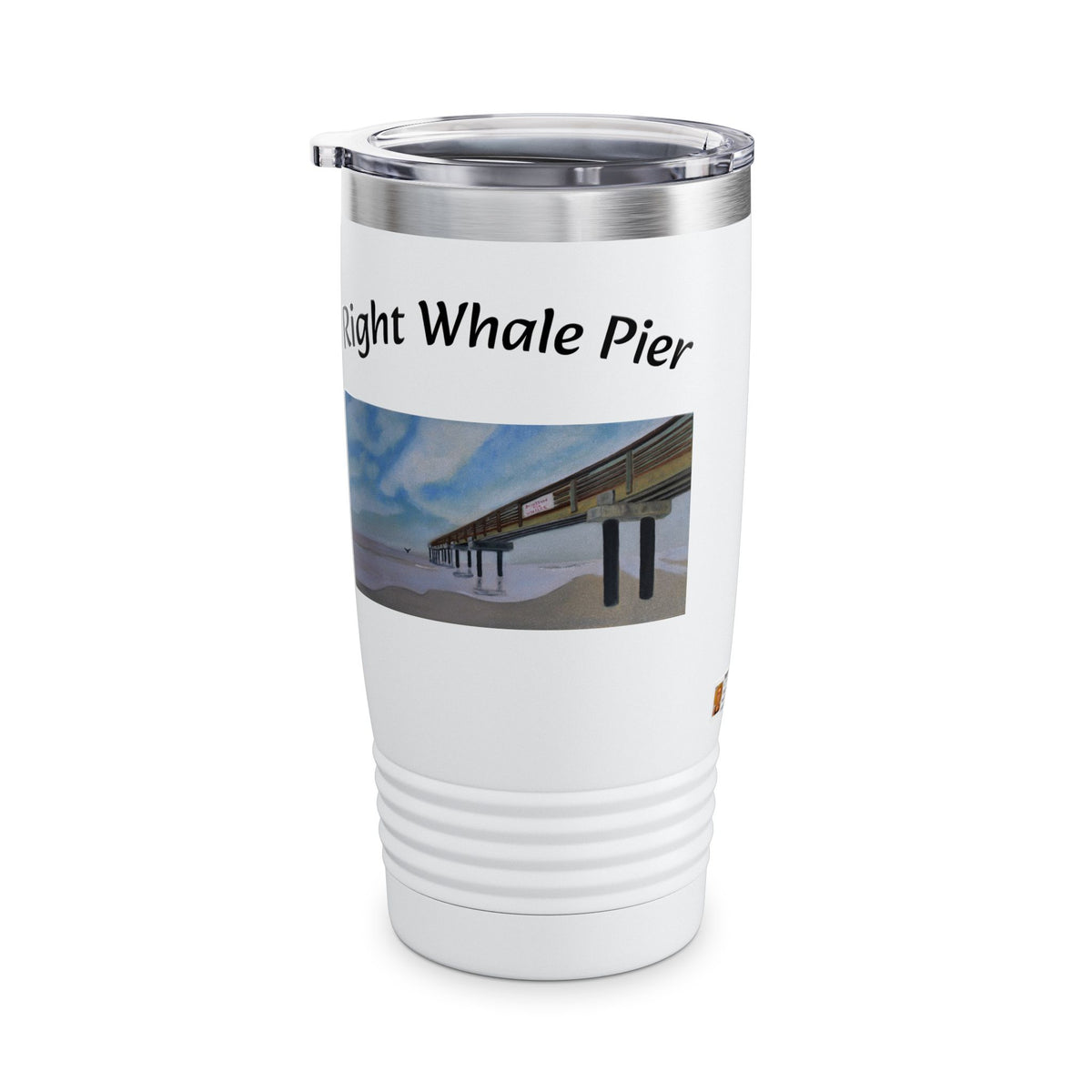 Right Whale Pier 20oz ringneck travel tumbler with coastal beach artwork