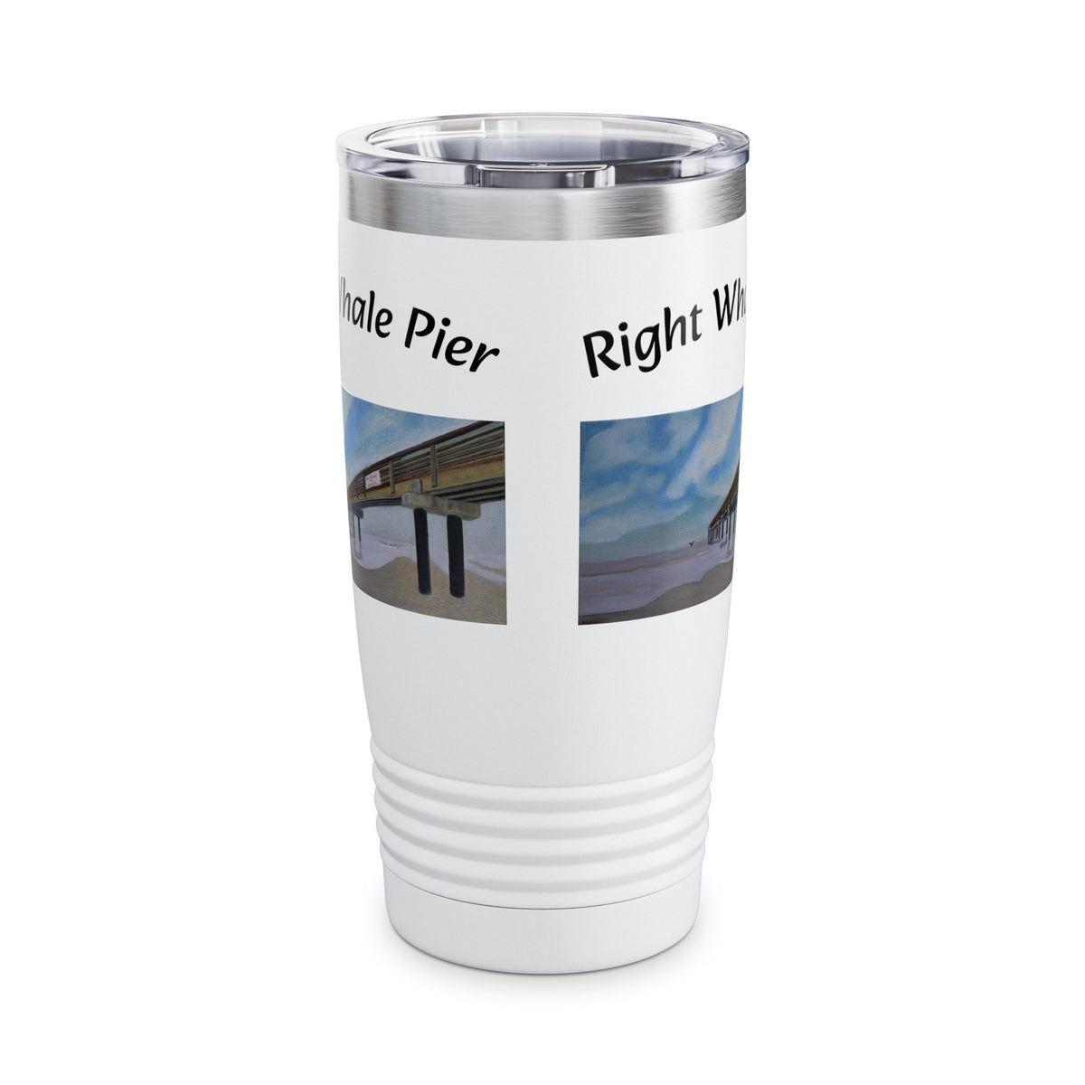 Right Whale Pier 20oz ringneck travel tumbler with coastal beach artwork
