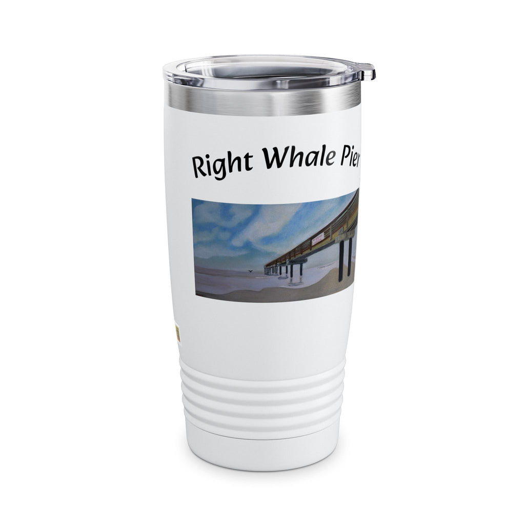 Right Whale Pier 20oz ringneck travel tumbler with coastal beach artwork
