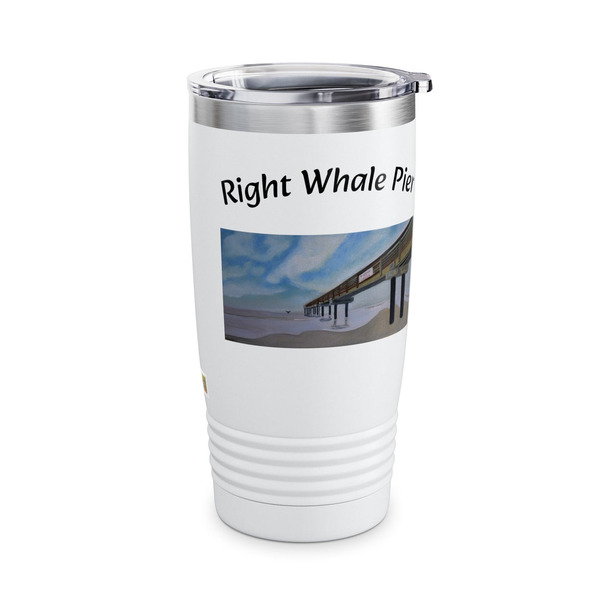 Right Whale Pier 20oz ringneck travel tumbler with coastal beach artwork