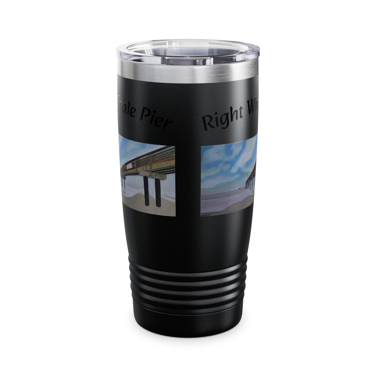 Right Whale Pier 20oz ringneck travel tumbler with coastal beach artwork